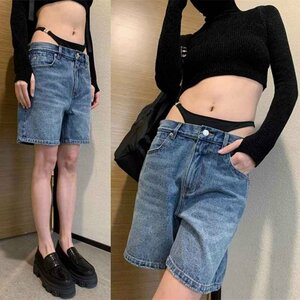 デニムショートパンツ ショーパン ジーパン 切り替え 体型カバー 着痩せ デニム シンプル M ブルー