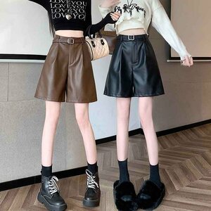 all 2 color short pants show bread casual simple PU leather XL Brown 