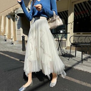 ロングスカート チュールスカート フレアスカート パール付き 韓国ファッション 7colors フリー グレー