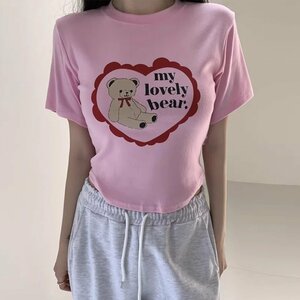 トップス Tシャツ レディース ハート 韓国 クマ かわいい フリー ピンク