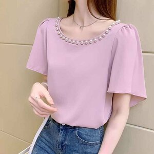  blouse short sleeves lady's pearl pull over U neck tops beautiful . large size equipped L pink 