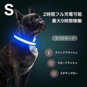 【光る首輪 S】 犬 散歩 夜 ライト LED 超明るい USB充電式 青 小型兼用首輪