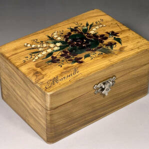 フランス製 アンティーク スミレ スズラン 花束 手描き モシュリンヌ 大 オリーブの木箱 ボックスの画像5
