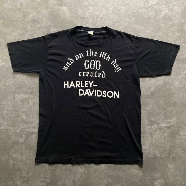 70s 80s ビンテージ USA製 and on the 8th day GOD created HARLEY-DAVIDSON ハーレー ダビッドソン Tシャツ 黒 ブラック L 3d emblem