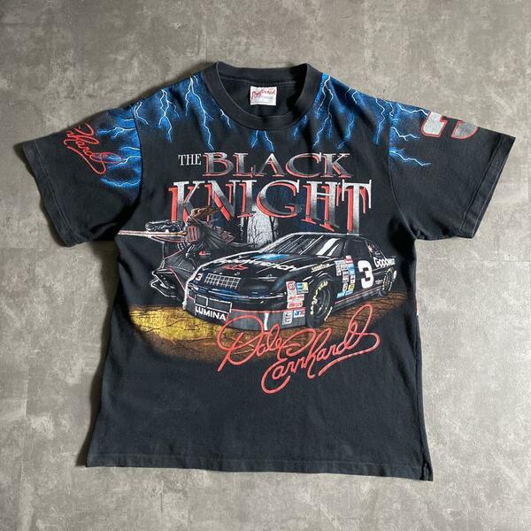 90s ビンテージ USA製 Dale Earnhardt THE BLACK KNIGHT NASCAR ナスカー レーシング RACING Tシャツ 総柄 AOP サンダー L 黒 3d emblem