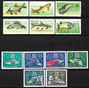 ★1976-1987年 - 東ドイツ - 「淡水魚」6種完 + 「グッピー」6種完 - 未使用(MNH)★RR-267