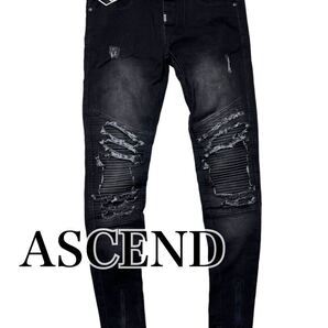デザイン抜群 ASCEND クラッシュ バイカー スキニーデニム 32 MNML ブラック 裾ZIP