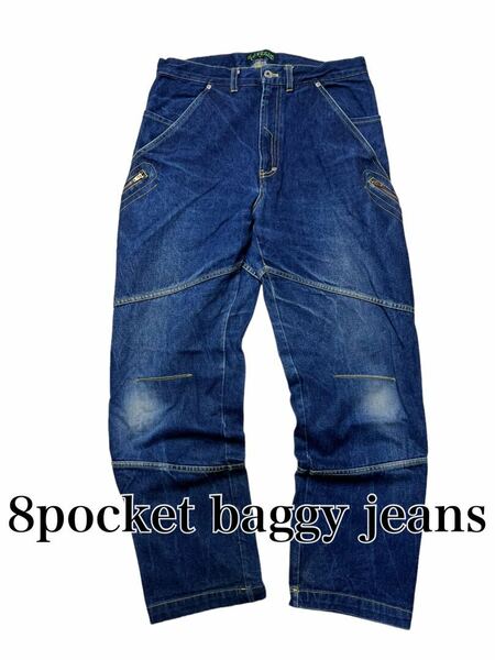 デザイン抜群　極太 8pocket baggy jeans ZIP L ワーク　バイカー B系Y2K 