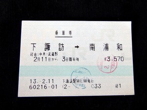 マルス乗車券 ＜下諏訪→南浦和 ＊経由：中央/武蔵野＞■2001/2 ■85×58㎜ ★概ねきれいな状態です ■送料￥84～