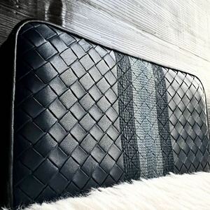 ■限定モデル■BOTTEGA VENETA ボッテガヴェネタ 長財布 イントレチャート ラウンドファスナー メンズ ビジネス レザー ブルー