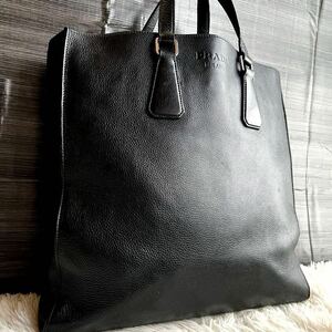 1円■現行/大容量■PRADA プラダ　トートバッグ　ショルダー　メンズ　ビジネス　A4 シボ革　レザー　ロゴ　型押し　ブラック　黒