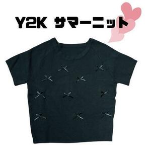 【Y2K】新品　サマーニット　リボン付き　黒　Ｍsize