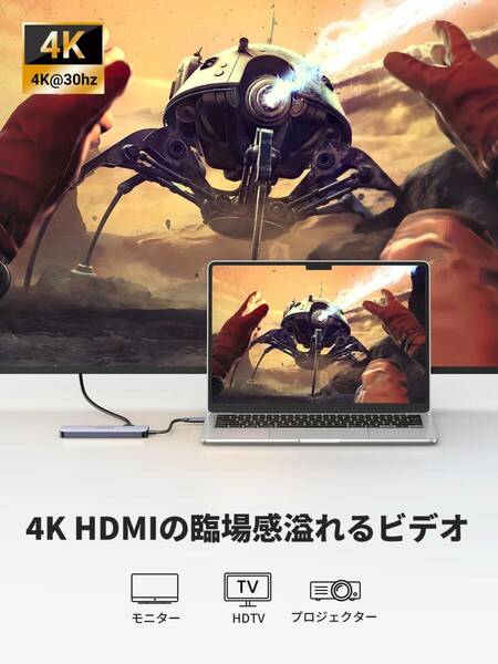 　HDMI 4K SDTFカードリーダー USB-Cハブ 6-in-1 アルミ