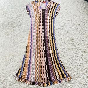 MISSONI ミッソーニ ノースリーブワンピース ロング丈 マキシ丈 タイト 総柄 ウェーブ柄 マルチカラー フリーサイズ オレンジタグ 