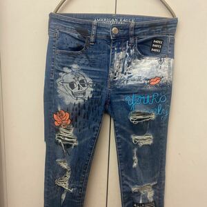  распродажа быстрое решение 1 иен AMERICAN EAGLE American Eagle super стрейч тонкий женский 2 160/64A Denim повреждение обработка краска 