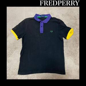 【紳士】フレッドペリー　ブラック　ポロシャツ　FREDPERRY　Ssize パープル　イエロー　紋章