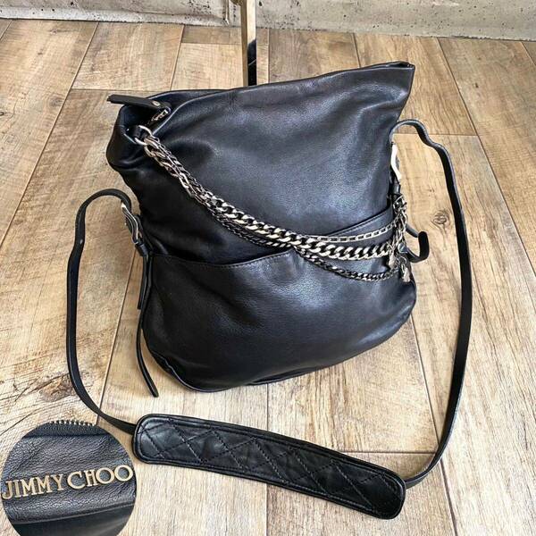 本物☆JIMMY CHOO ジミーチュウ ロゴ シルバーチェーン レザー ショルダーバッグ 黒 斜めがけ ボディバッグ ポシェット レディース メンズ