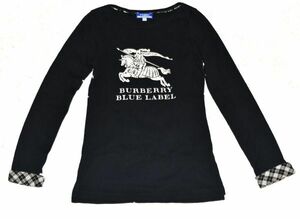★バーバリーブルーレーベル★袖裏ノバチェックの 人気の黒のロングTシャツ・デカホース&デカロゴ入り38