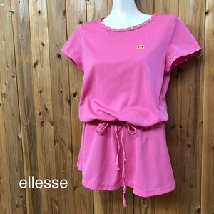 ellesse＊エレッセ レディースM 半袖 ワンピース チュニック ピンク 水玉 速乾素材 テニスウェア ゲームシャツ スポーツウェア