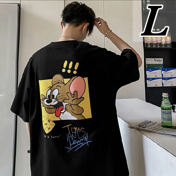 Tシャツ L ブラック トムとジェリー アメコミ 人気 ユニセックス バックプリント ストリート 韓国系 カジュアル ダンス系