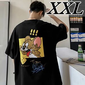 トムとジェリー Tシャツ 2XL ブラック アメコミ 人気 グラフィック ユニセックス バックプリント ストリート 韓国っぽい