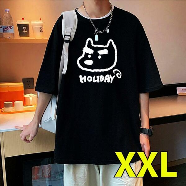 XXL メンズ オーバーサイズ Tシャツ 犬 わんこ カジュアル 黒