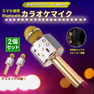 2個セット カラオケ マイク Bluetooth ゴールド スピーカー スマホ 携帯 スマートフォン連携 無線 演奏 練習 音楽 パーティー