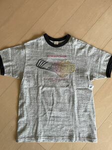 美品 WAREHOUSE ウエアハウス Tシャツ Lot 4601 サイズM『HORSEPOWER』リンガー グレー杢ボディ 多色 染み込み 前後プリント