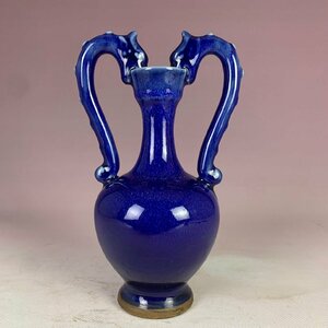 景徳鎮　磁器　藍釉 陶磁器 窯変 花瓶　双耳龍頭花瓶　置物 　収蔵　コレクション ZH340