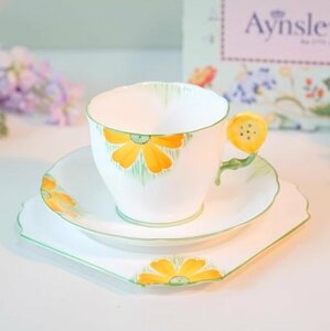 コーヒーカップ＆ソーサー&デザートプレート　3点セット　ティーカップ　洋食器　手作り　茶器　花柄　FLOWERHANDLE　　箱付き　pc27