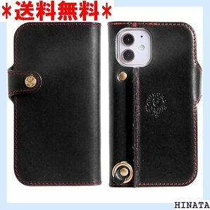 HUKURO iPhone12 mini 用 ケース 手帳型 革 左手持ち ブラック 赤糸 416