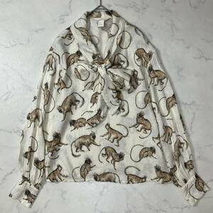 美品 Ｈ＆Ｍ エイチアンドエム アニマル柄 猿の王様 ボウタイ ギャザー ボタン 光沢 長袖 ブラウス オフホワイト ベージュ 6 