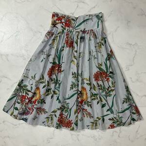 美品 ZARA ザラ 花柄 ボタニカル ストライプ ウエスト後ろゴム ギャザー タック ポケット シャーリング ひざ丈 スカート XS