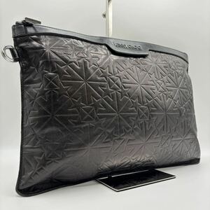 ■希少品■ JIMMY CHOO ジミーチュウ レザー スターエンボス クラッチバッグ セカンドバッグA4◎ メンズ ロゴ 金具 ビジネス 茶