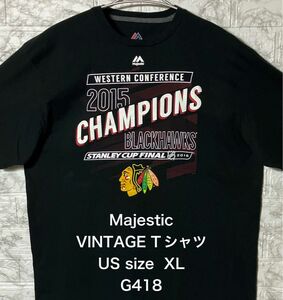 アメリカ古着 USA ビンテージ Majestic XLsize ブラックTシャツ NHL 北米アイスホッケー インディアン 黒
