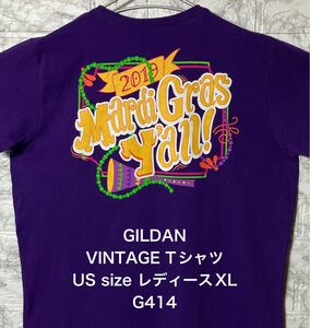 アメリカ古着 USA ビンテージ レディース XLsize GILDAN パープルTシャツ カラフルプリント 派手 カワイイ 紫