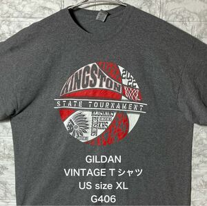 アメリカ古着 USA ビンテージ XLsize GILDAN シルバーTシャツ バスケットボール インディアン 両面プリント