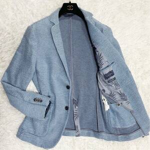 ●希少3XL● ZARA MAN ザラ テーラードジャケット 編み込みデザイン ニット風 裏地総柄 花柄 ライトブルー コットン 54 春夏 ラペルピン