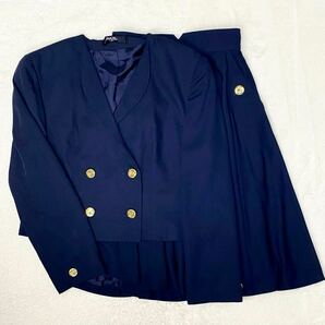 vintage セットアップ ブレザー スカート レトロ ジャケット ウール 制服 フレアスカート ショート丈 紺ブレ 金ボタン プリーツスカートの画像1