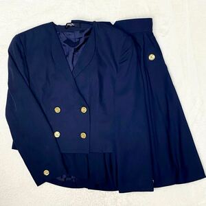 vintage セットアップ ブレザー スカート レトロ ジャケット ウール 制服 フレアスカート ショート丈 紺ブレ　金ボタン プリーツスカート