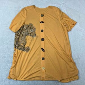  Italiya ita rear short sleeves cardigan tops shirt short sleeves yellow color animal 13 number rayon polyester multi button leopard lady's 