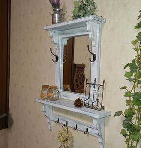 Art hand Auction [Envío gratis] espejo y estante ganchos montados en la pared estante de exhibición estilo antiguo muebles hechos a mano espejo Vintage Shabby blanco, muebles, interior, espejo, Montado en la pared