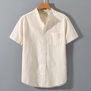 シャツ 半袖 メンズ リネン トップス カジュアルシャツ 開襟シャツ 麻綿 スタンドカラーシャツ ファッション サマーシャツ ベージュ XL