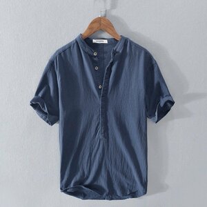 シャツ 半袖 メンズ リネン トップス カジュアルシャツ 開襟シャツ 麻綿 カプリシャツ T-シャツ ファッション サマーシャツ ネイビー XL
