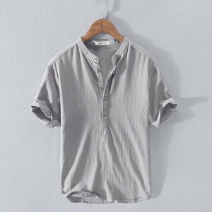 シャツ 半袖 メンズ リネン トップス カジュアルシャツ 開襟シャツ 麻綿 カプリシャツ T-シャツ ファッション サマーシャツ グレー 3XL