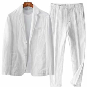 メンズ スーツセット セットアップ テーラードジャケット テーパードパンツ 上下2点セット 綿麻風 スラックス フォーマル ホワイト 3XL