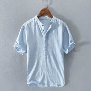 シャツ 半袖 メンズ リネン トップス カジュアルシャツ 開襟シャツ 麻綿 カプリシャツ T-シャツ ファッション サマーシャツ ブルー M
