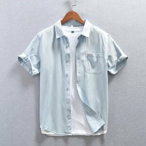 メンズシャツ 半袖 トップス カジュアルシャツ 開襟シャツ ボタンダウン コットン ゆったり サマーシャツ 薄手 無地 夏服 ブルー XL