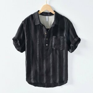 リネンシャツ 半袖 メンズ トップス カジュアルシャツ 開襟シャツ ストライプ柄 麻100% カプリシャツ 夏服 父の日 ブラック XL