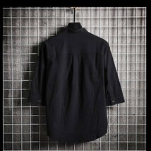 メンズ半袖シャツ トップス T-シャツ カジュアルシャツ 開襟シャツ 無地 麻綿風 カプリシャツ コットン スタンドカラーシャツ ブラック L_画像2